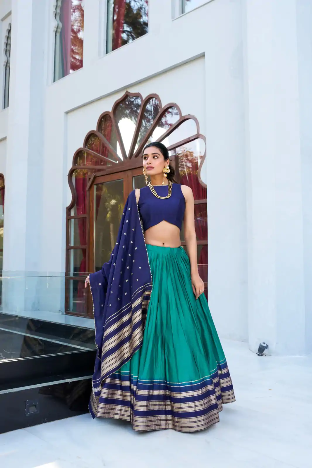 Firozi Pure Chanderi Zari Work Lehenga Choli