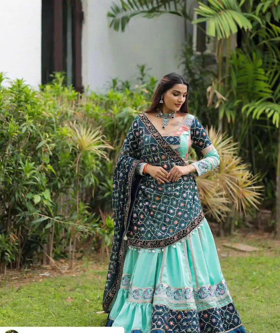 Firozi Silk Cowrie Work Embroidery Lehenga Choli - Image 5