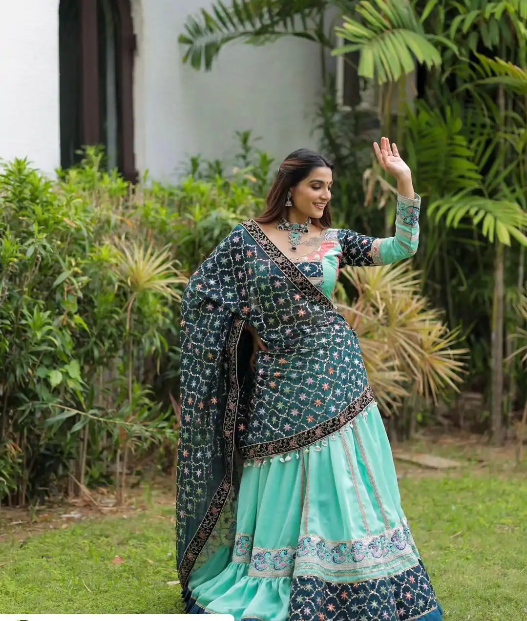 Firozi Silk Cowrie Work Embroidery Lehenga Choli - Image 4