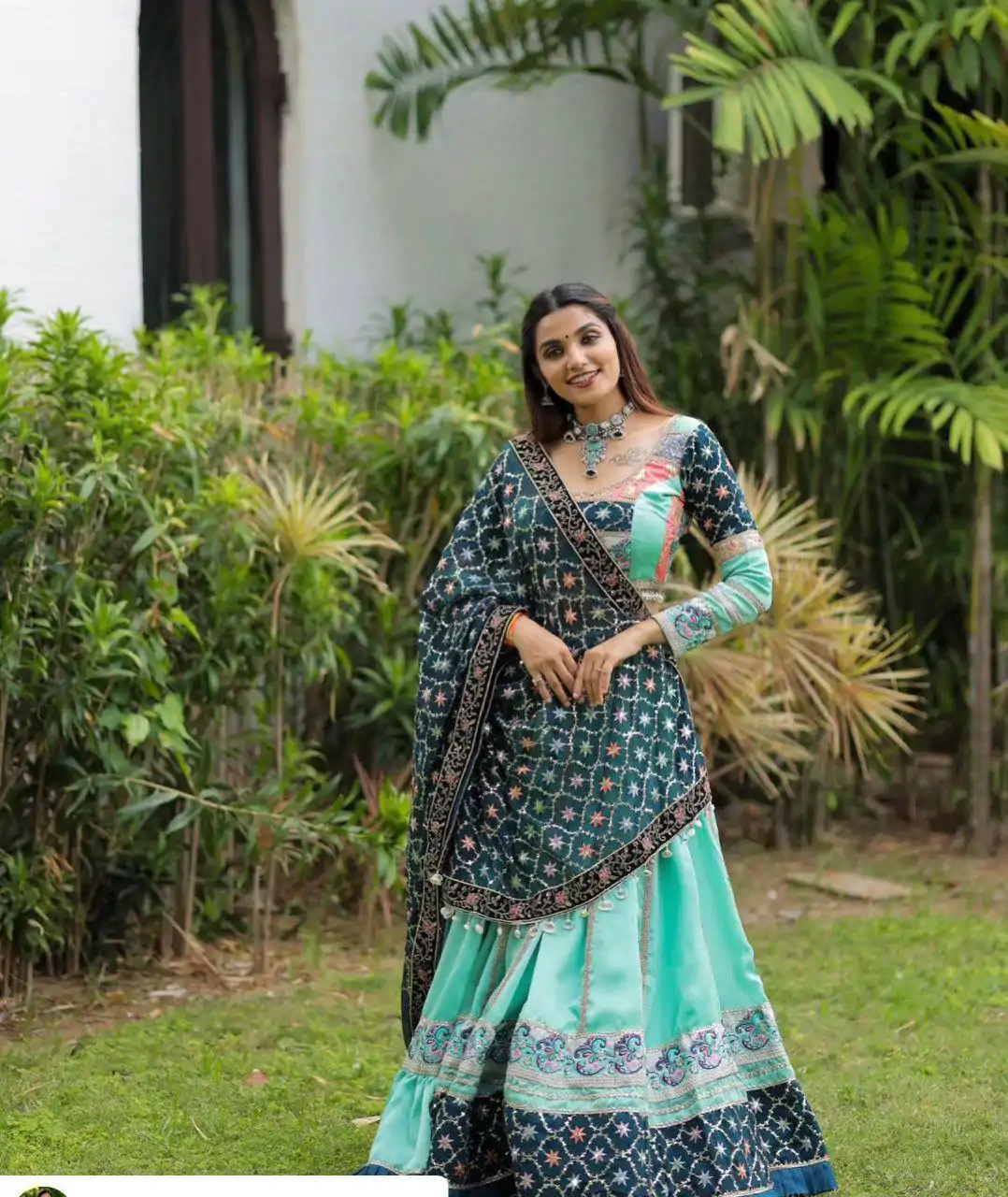 Firozi Silk Cowrie Work Embroidery Lehenga Choli - Image 3