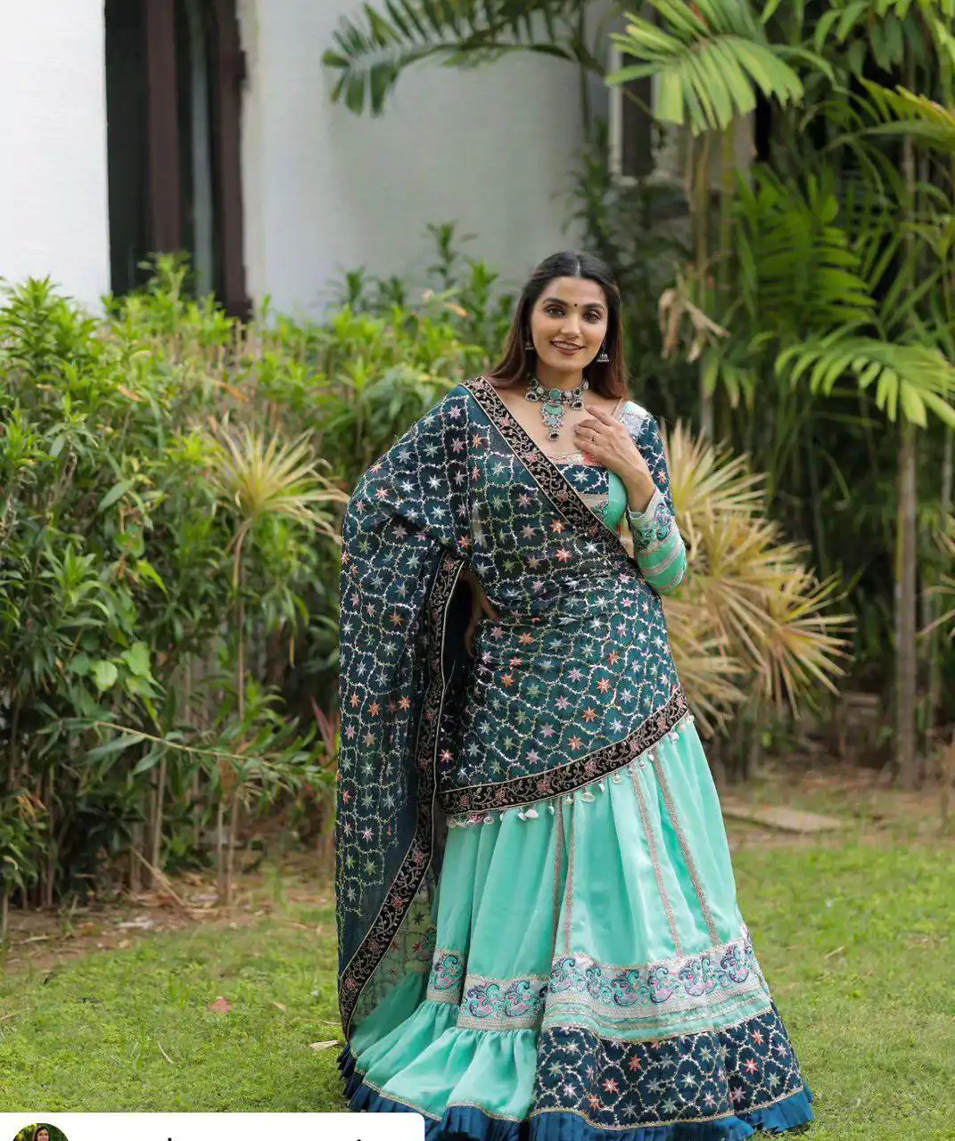 Firozi Silk Cowrie Work Embroidery Lehenga Choli - Image 2