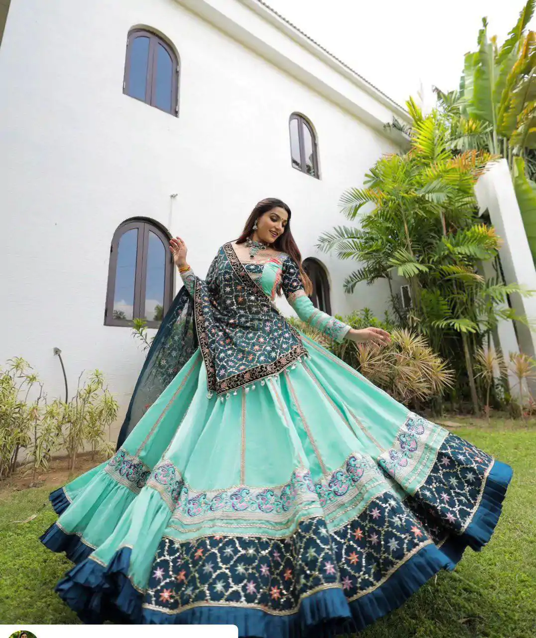 Firozi Silk Cowrie Work Embroidery Lehenga Choli