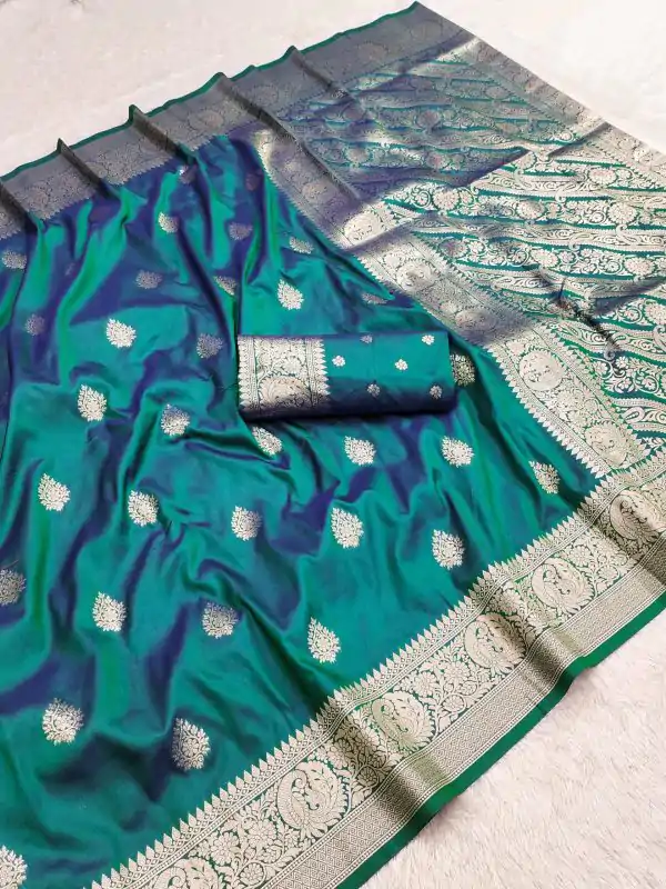 Firozi Soft Banarasi Cotton Silk Zari Work Saree