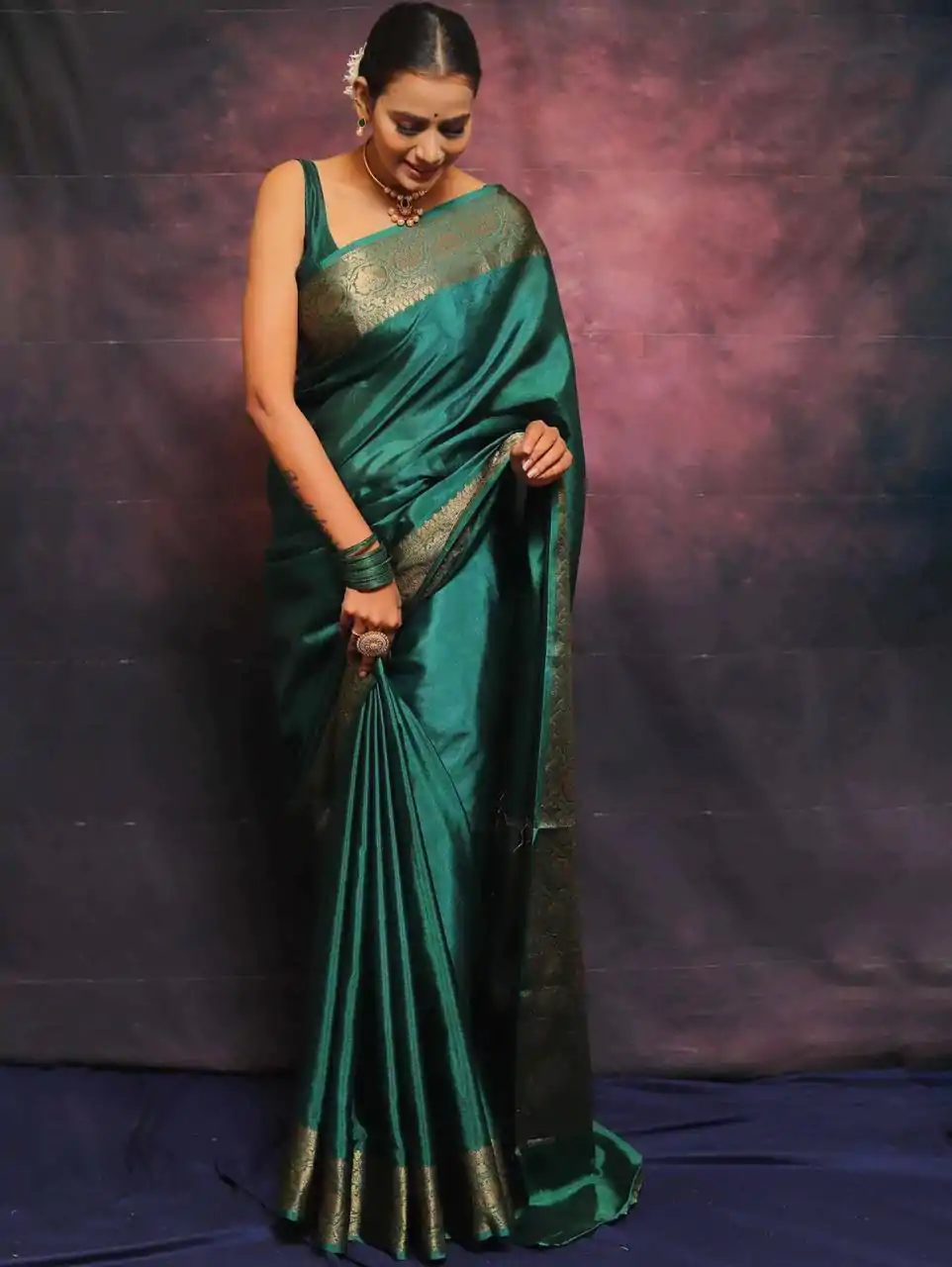 Firozi Soft Lichi Silk Lace Border Saree