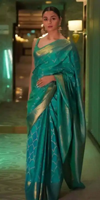 Firozi Soft Lichi Silk With Lace Border Saree