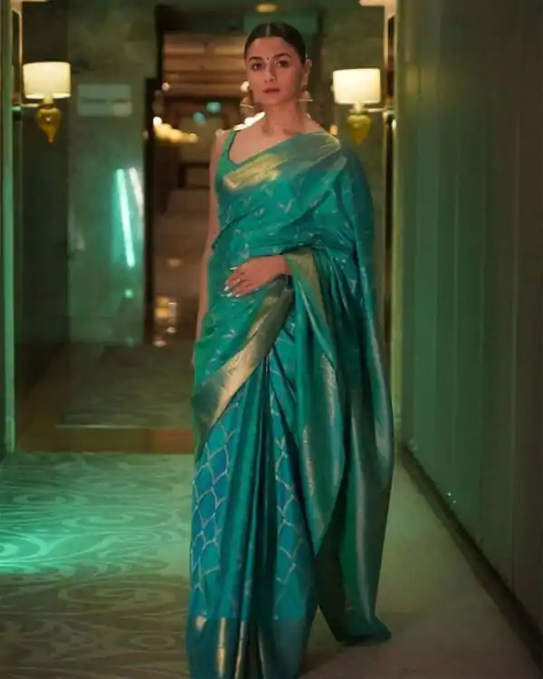 Firozi Soft Lichi Silk With Lace Border Saree