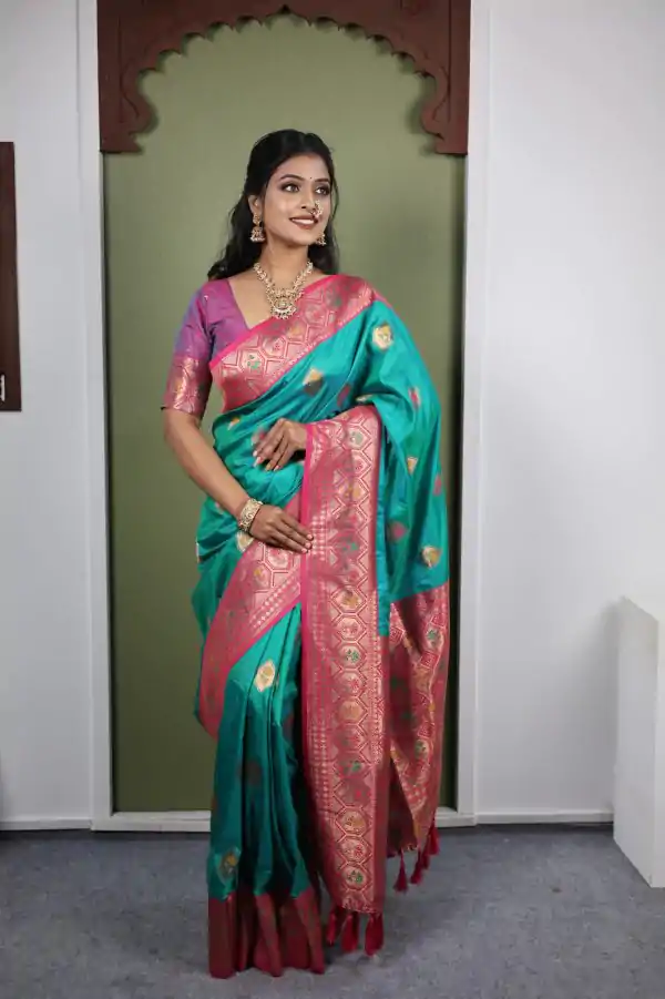 Firozi Soft Paithani Silk Zari Work Lace Saree