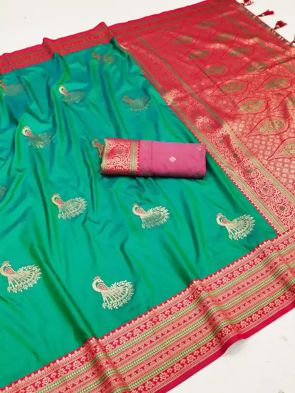 Firozi Soft Silk Zari Lace Work Saree
