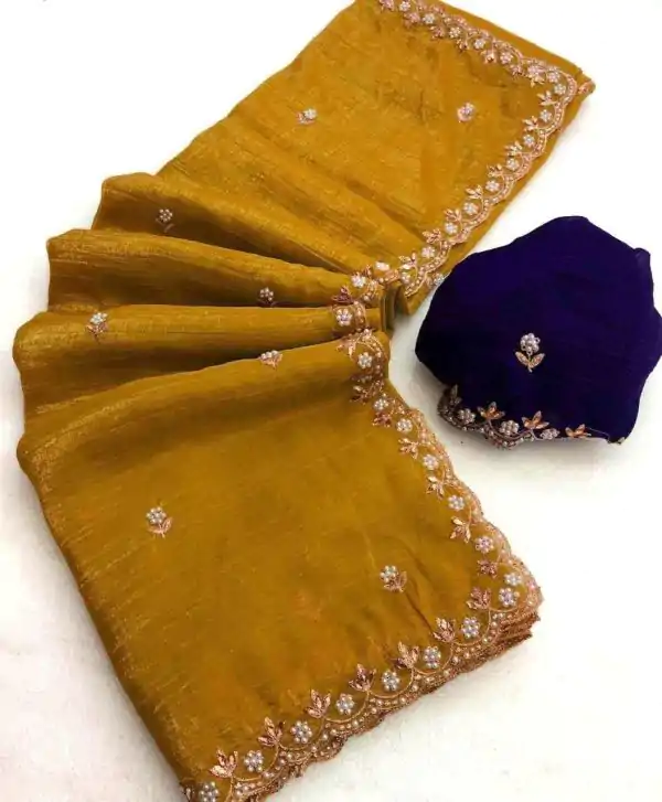 Gold Crunchy Chiffon Embroidery Work Saree