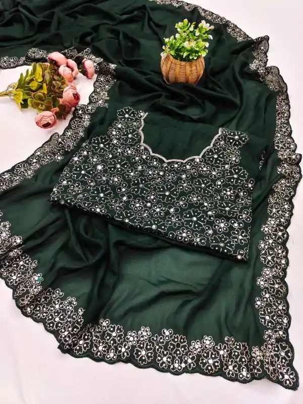 BT 12 Green Soft Star Georgette Silk with Embroidery Work & Mirror Work Saree . Exclusive Offer ₹1999. Delivery 4-6 Working Days. Shop now. | Designer Sarees, Embroidered Sarees, Sarees, Bollywood Sarees, Creative Sarees, Ethnic Saree, Modern Digital sarees, Party Wear Sarees