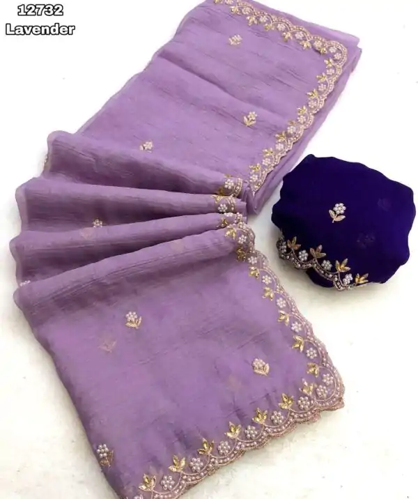 Lavender Crunchy Chiffon Embroidery Work Saree