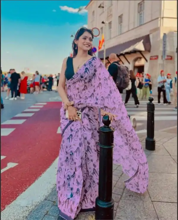 Lavender Soft Cotton Digital Print Lace Work Saree