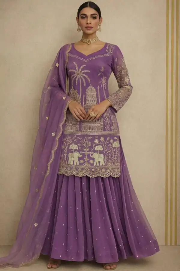 Lavender Twill Net With Embroidery Work Salwar Suit