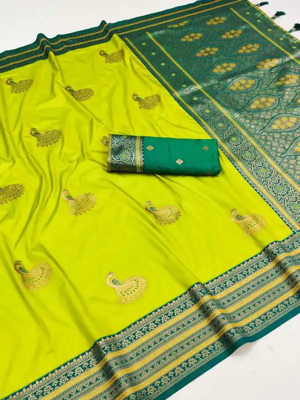 Lemon Yellow Soft Silk Zari Lace Work Saree