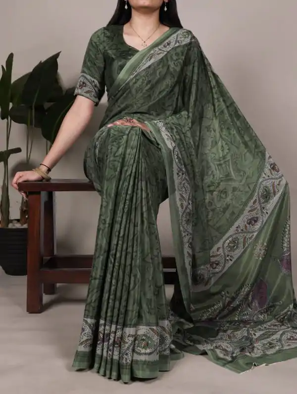 Mahendi Crepe With Printed Saree
