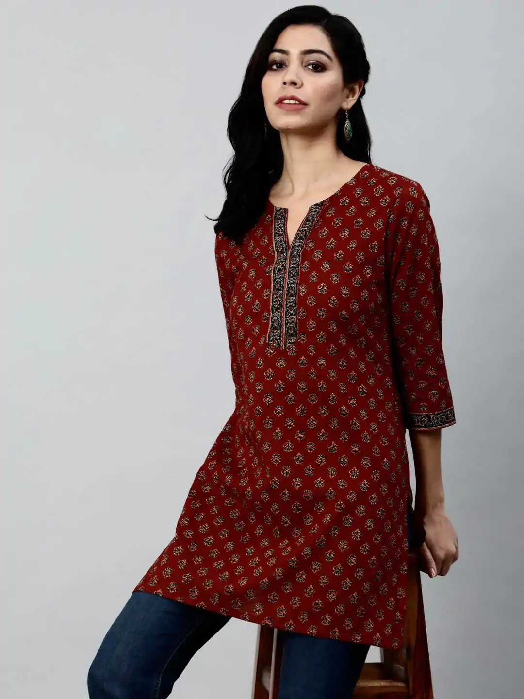 Maroon Cotton Printed Kurti