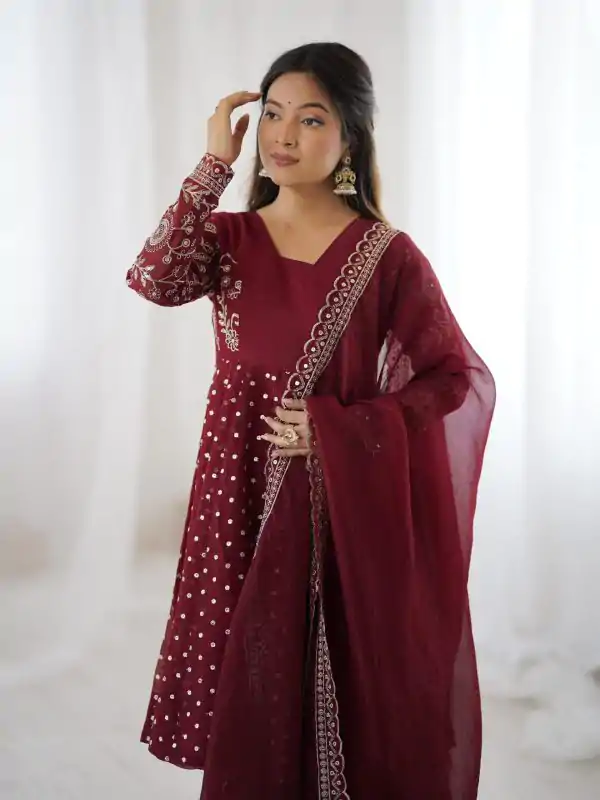 Maroon Crunchy Silk Embroidery Work Salwar Suit