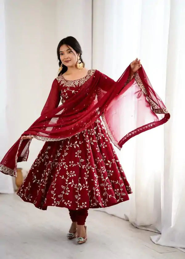 Maroon Faux Georgette With Embroidery Gown