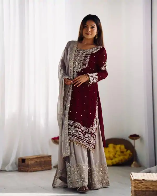 Maroon Faux Georgette With Moti Work Salwar Suit