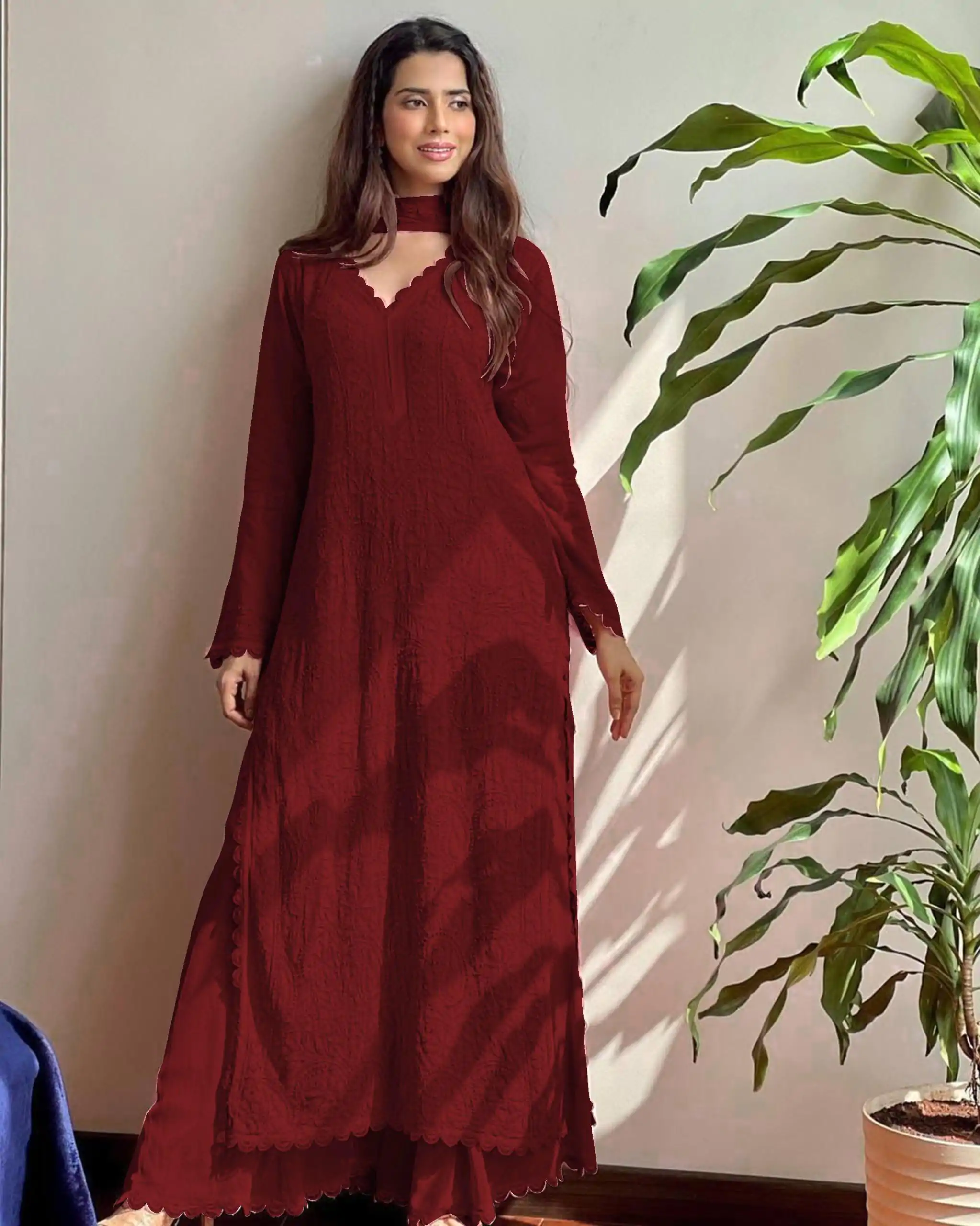 Maroon Georgette Thread Embroidery Salwar Suit