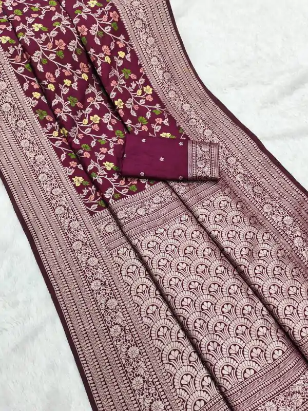 MB 96 Maroon Color Khaddi Pashmina with Zari Work & Lace Work Saree . Now at just ₹1999. Delivery 4-6 Working Days. Shop now. | Designer Sarees, Embroidered Sarees, Sarees, Bollywood Sarees, Creative Sarees, Ethnic Saree, Modern Digital sarees, Party Wear Sarees