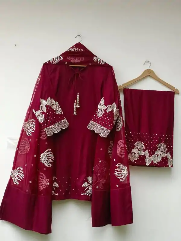 Maroon Natural Crep Silk Embroidery Salwar Suit