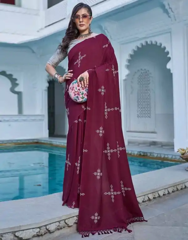 Maroon Natural Silk With Thread Embroidery Saree