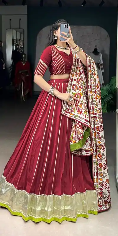 LNB 1658 Maroon Pure Chanderi with Zari Work & Gotta Patti Work Lehenga Choli . Introductory Price ₹3199. Delivery 4-6 Working Days. Shop now. | Lehenga, Bollywood Lehenga, Creative Lehenga, Designer Lehenga, Embroidered Lehenga, Party Wear Lehenga