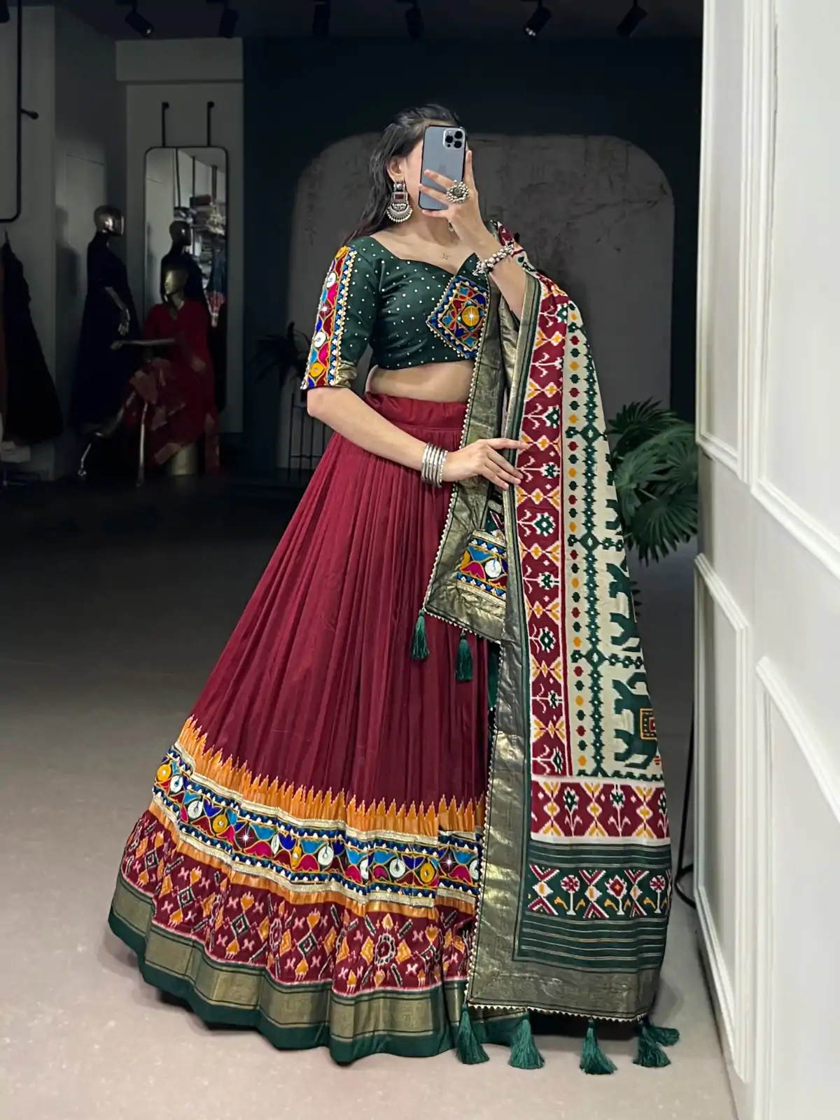 Maroon Tasar Silk Gamthi Work Lehenga Choli - Image 2