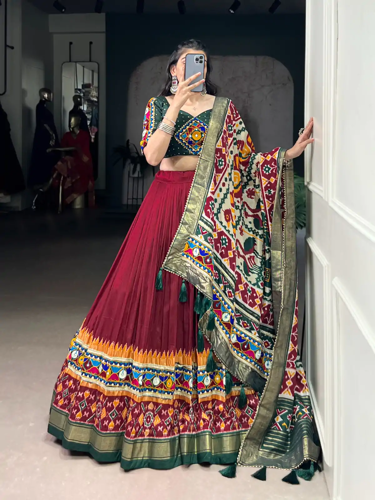 Maroon Tasar Silk Gamthi Work Lehenga Choli