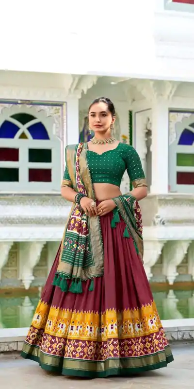 LNB 1680 Maroon Tasar Silk Patola Print & Gotta Patti Work Lehenga Choli in . Special Price ₹2449. Delivery 4-6 Working Days. Shop now. | Lehenga, Bollywood Lehenga, Creative Lehenga, Designer Lehenga, Embroidered Lehenga, Party Wear Lehenga