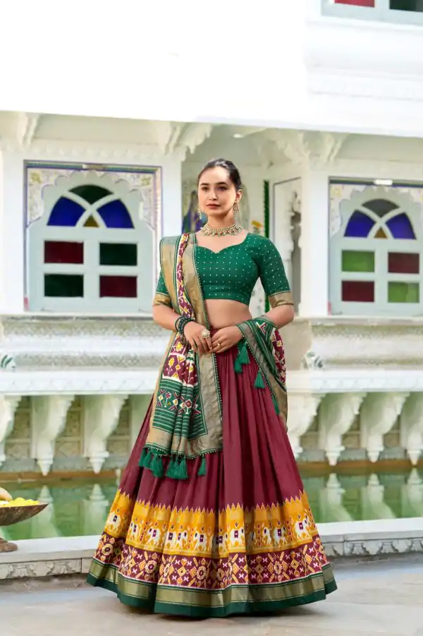 LNB 1680 Maroon Tasar Silk Patola Print & Gotta Patti Work Lehenga Choli in . Special Price ₹2449. Delivery 4-6 Working Days. Shop now. | Lehenga, Bollywood Lehenga, Creative Lehenga, Designer Lehenga, Embroidered Lehenga, Party Wear Lehenga