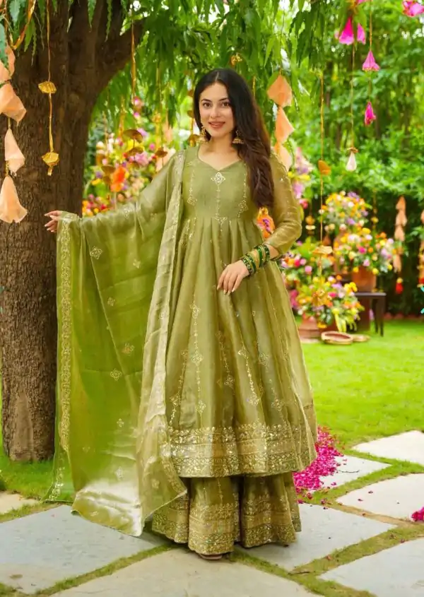 Mehandi Crunchy Silk With Embroidery Salwar Suit