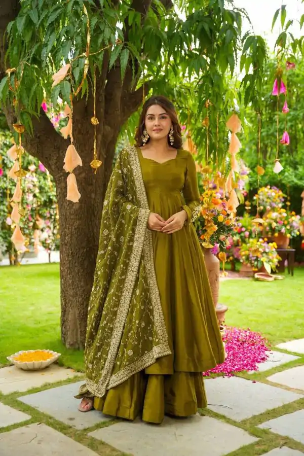 Mehandi German Chiffon With Sequence Gown