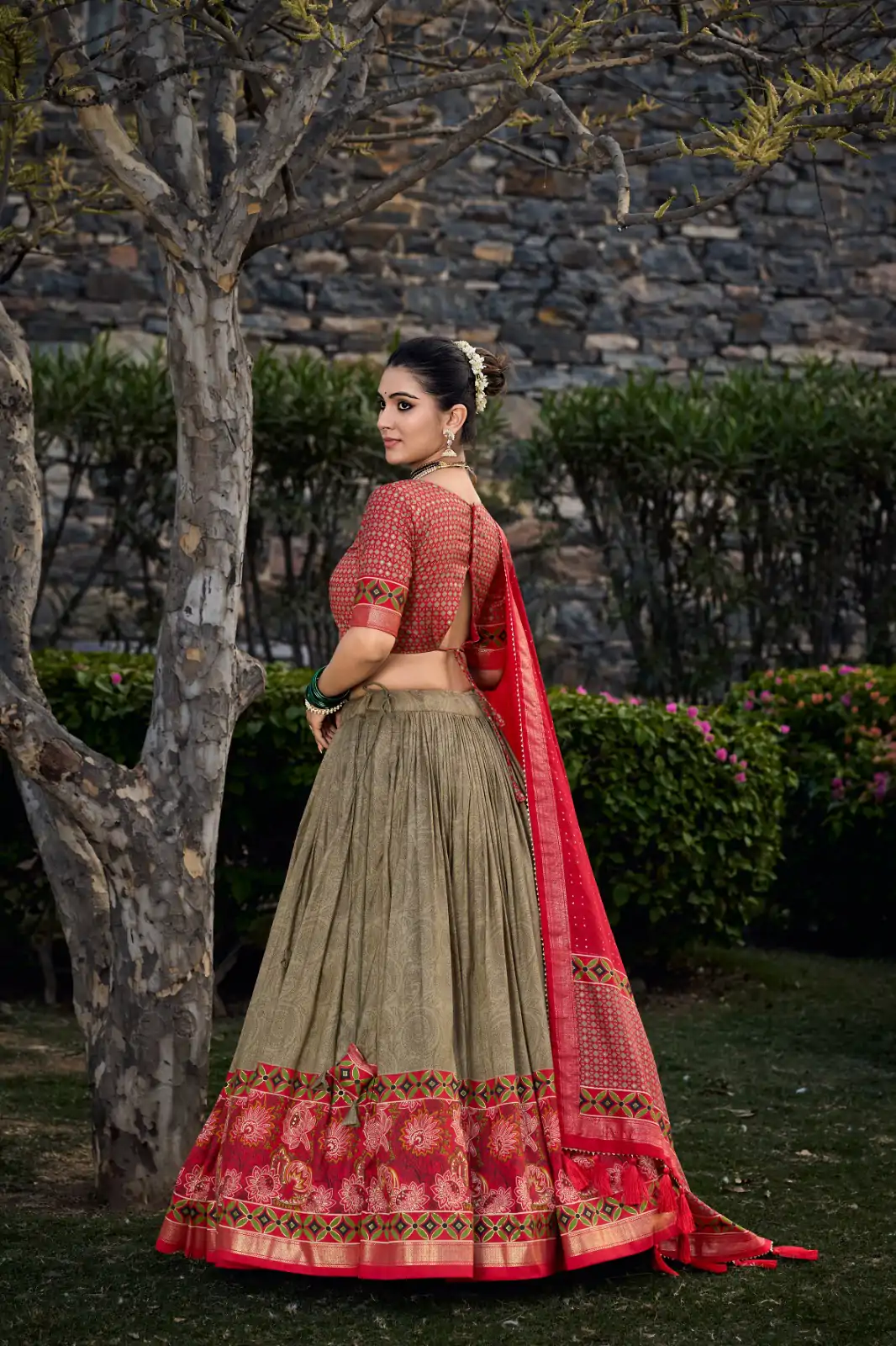Mehandi Tasar Silk Print Lehenga Choli - Image 2