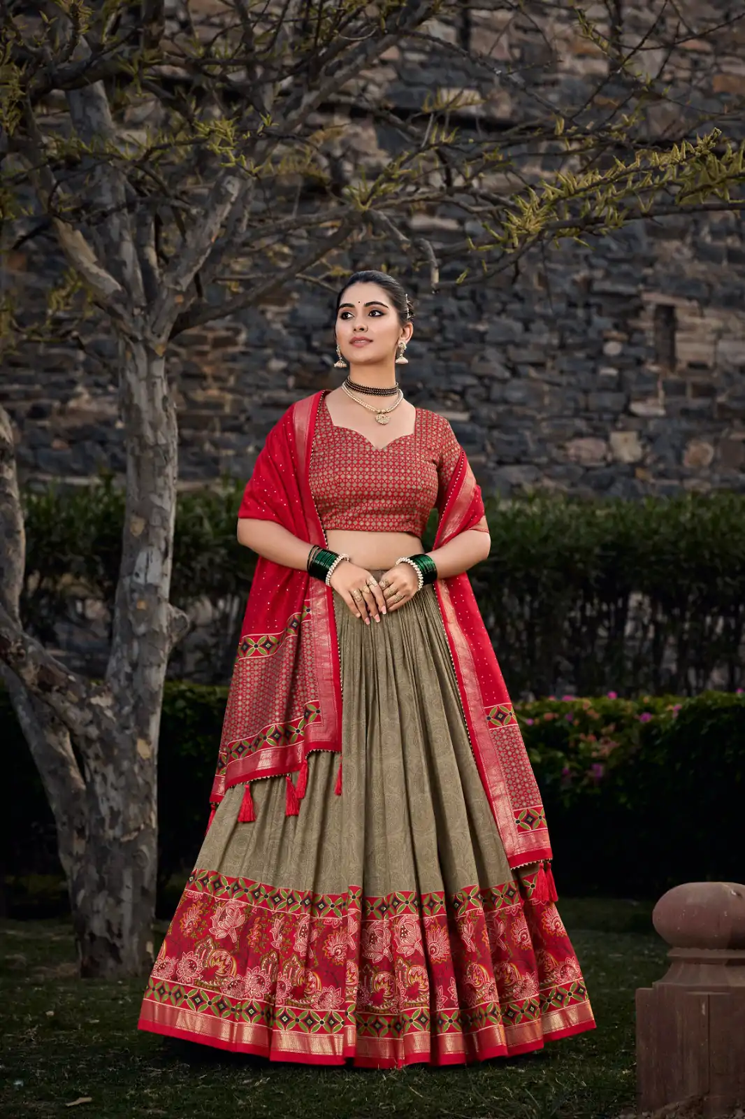 Mehandi Tasar Silk Print Lehenga Choli