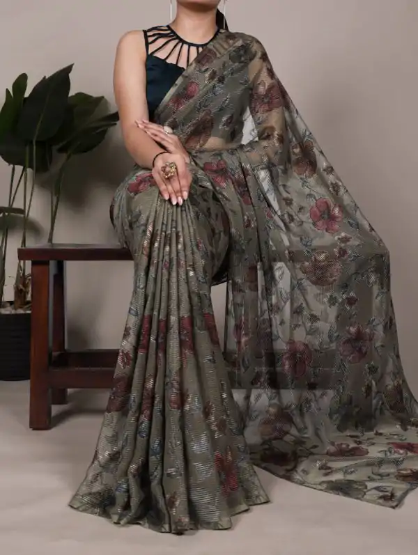 Mehendi Lurex Brasso Floral Saree