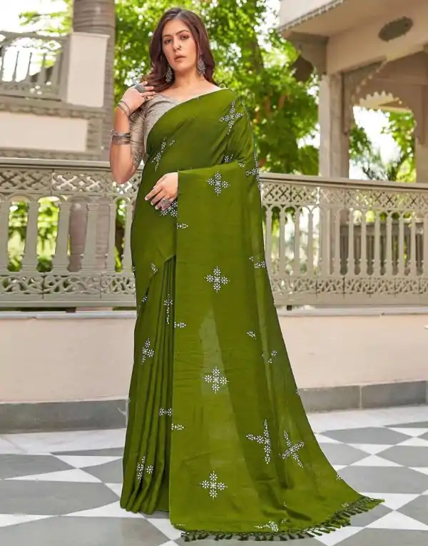 Mehendi Natural Silk With Thread Embroidery Saree