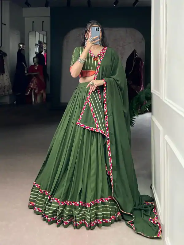 Mehendi Rayon Mirror Gamthi Work Lehenga Choli