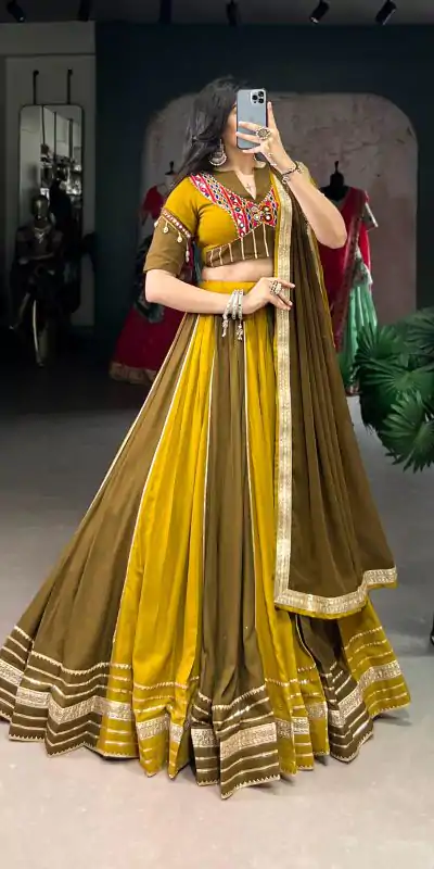 LNB 1613 Mehendi Pure Rayon Sequins Work & Mirror Work Lehenga Choli in . Festive Deal ₹2799. Delivery 4-6 Working Days. Shop now. | Lehenga, Bollywood Lehenga, Creative Lehenga, Designer Lehenga, Embroidered Lehenga, Party Wear Lehenga