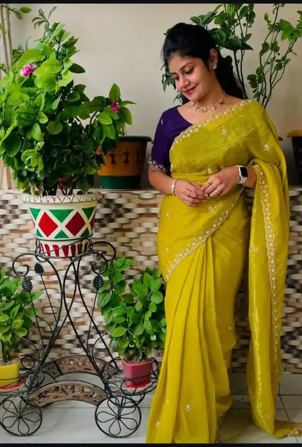 Mustard Crunchy Ciffon Embroidery Work Saree