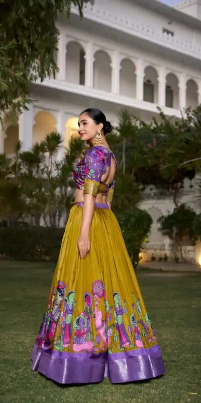 LNB 1231 Mustard Dola Silk Jacquard Silk Kalamkari Print & Zari Work Lehenga Choli in Best Price ₹1899. Delivery 4-6 Working Days. Shop now. | Lehenga, Bollywood Lehenga, Creative Lehenga, Designer Lehenga, Embroidered Lehenga, Party Wear Lehenga