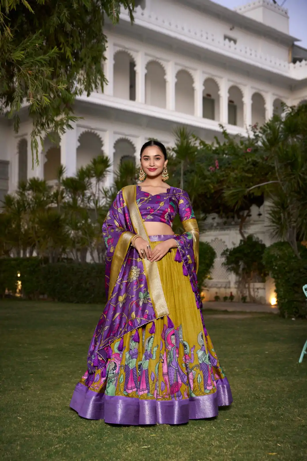 LNB 1231 Mustard Dola Silk Jacquard Silk Kalamkari Print & Zari Work Lehenga Choli in Best Price ₹1899. Delivery 4-6 Working Days. Shop now. | Lehenga, Bollywood Lehenga, Creative Lehenga, Designer Lehenga, Embroidered Lehenga, Party Wear Lehenga
