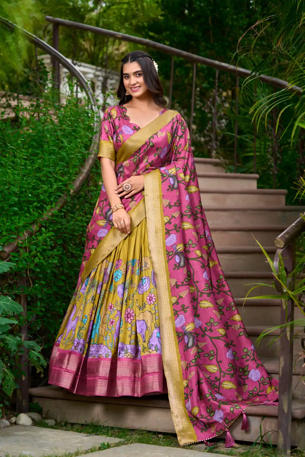 LNB 1222 Mustard Dola Silk With Kalamkari Print & Zari Work Lehenga Choli . Grab it for ₹1899. Delivery 4-6 Working Days. Shop now. | Lehenga, Bollywood Lehenga, Creative Lehenga, Designer Lehenga, Embroidered Lehenga, Party Wear Lehenga
