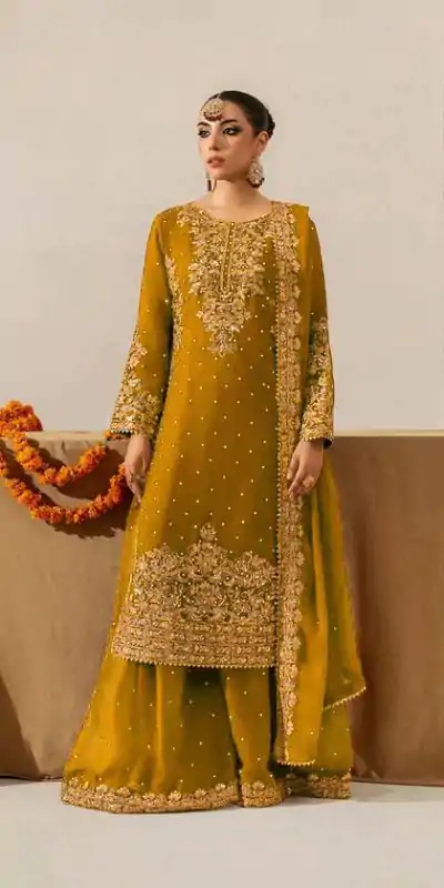 Mustard Faux Georgette Lace Work Salwar Suit