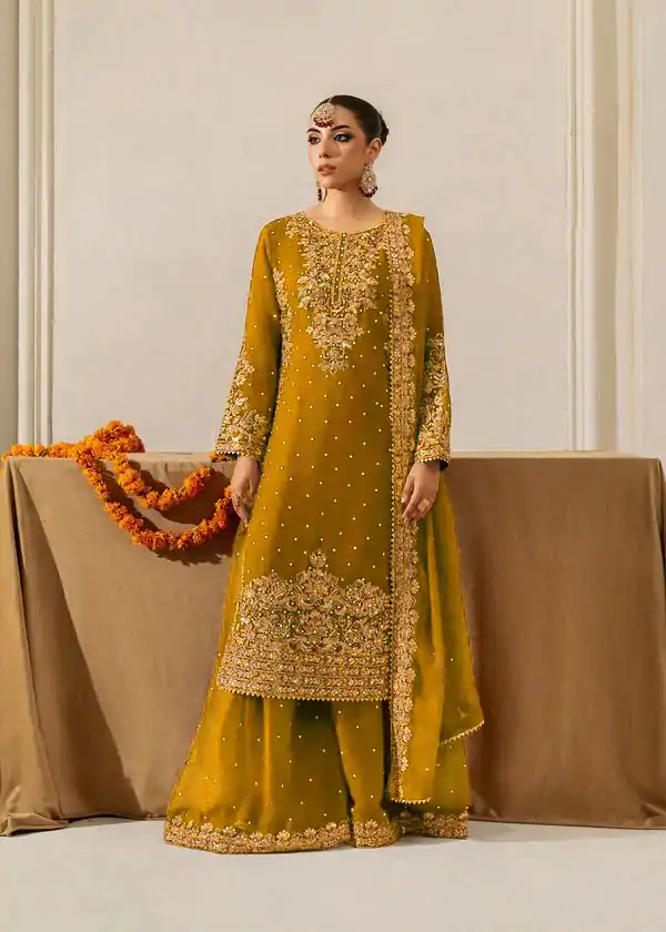 Mustard Faux Georgette Lace Work Salwar Suit