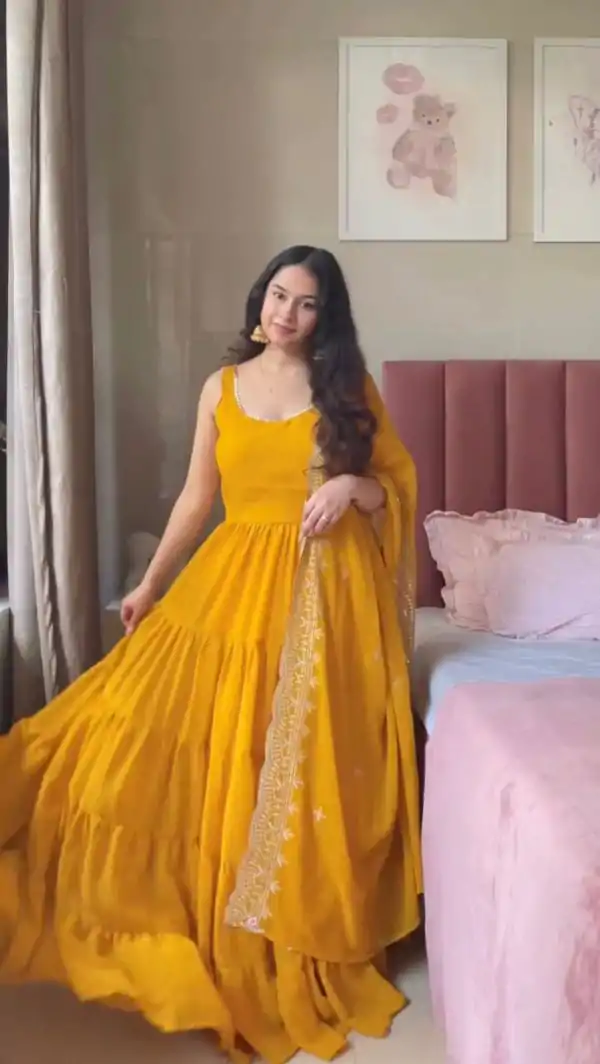Mustard Faux Georgette Lace Work Salwar Suit