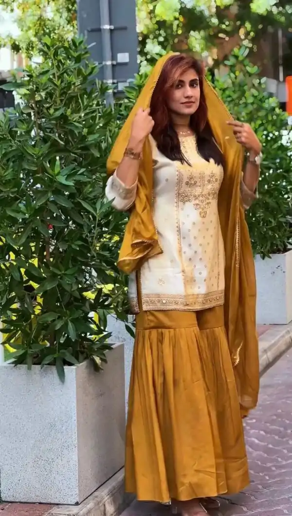 Mustard Natural Crep Lace Work Salwar Suit