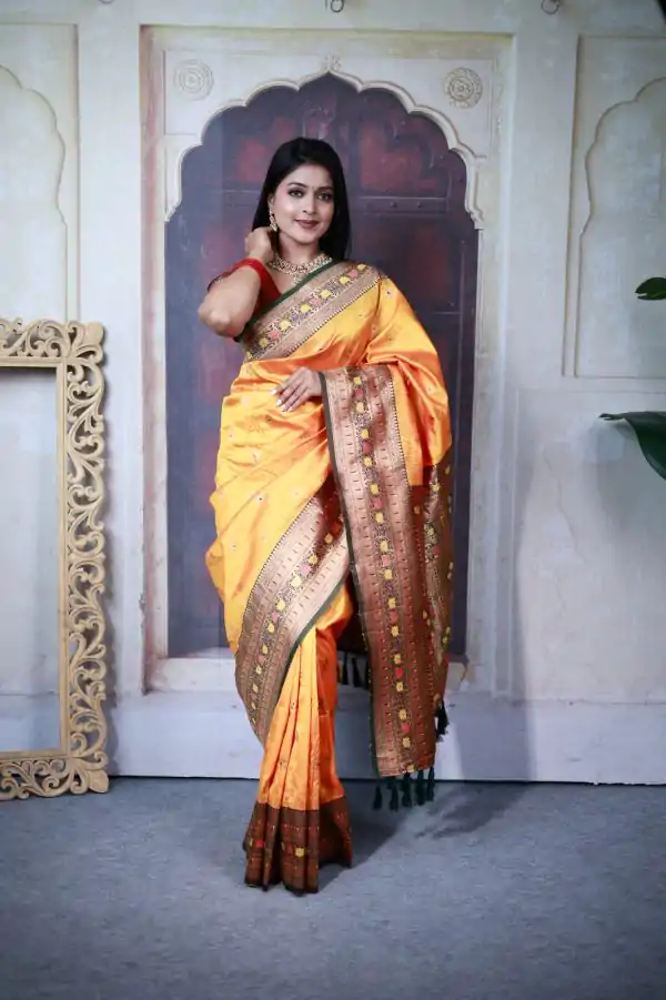 Mustard Paithani Ajanta Lotus With Lace Work Saree