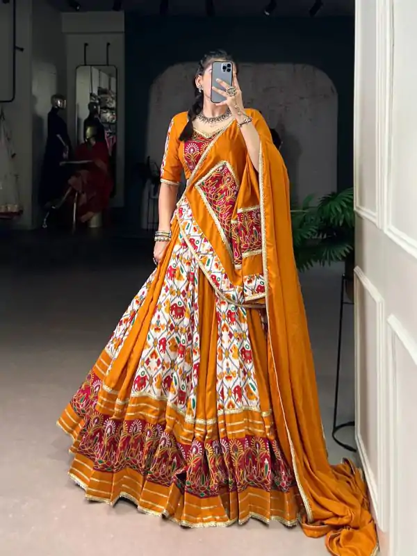 Mustard Tussar Silk Patola Foil Printed Lehenga Choli